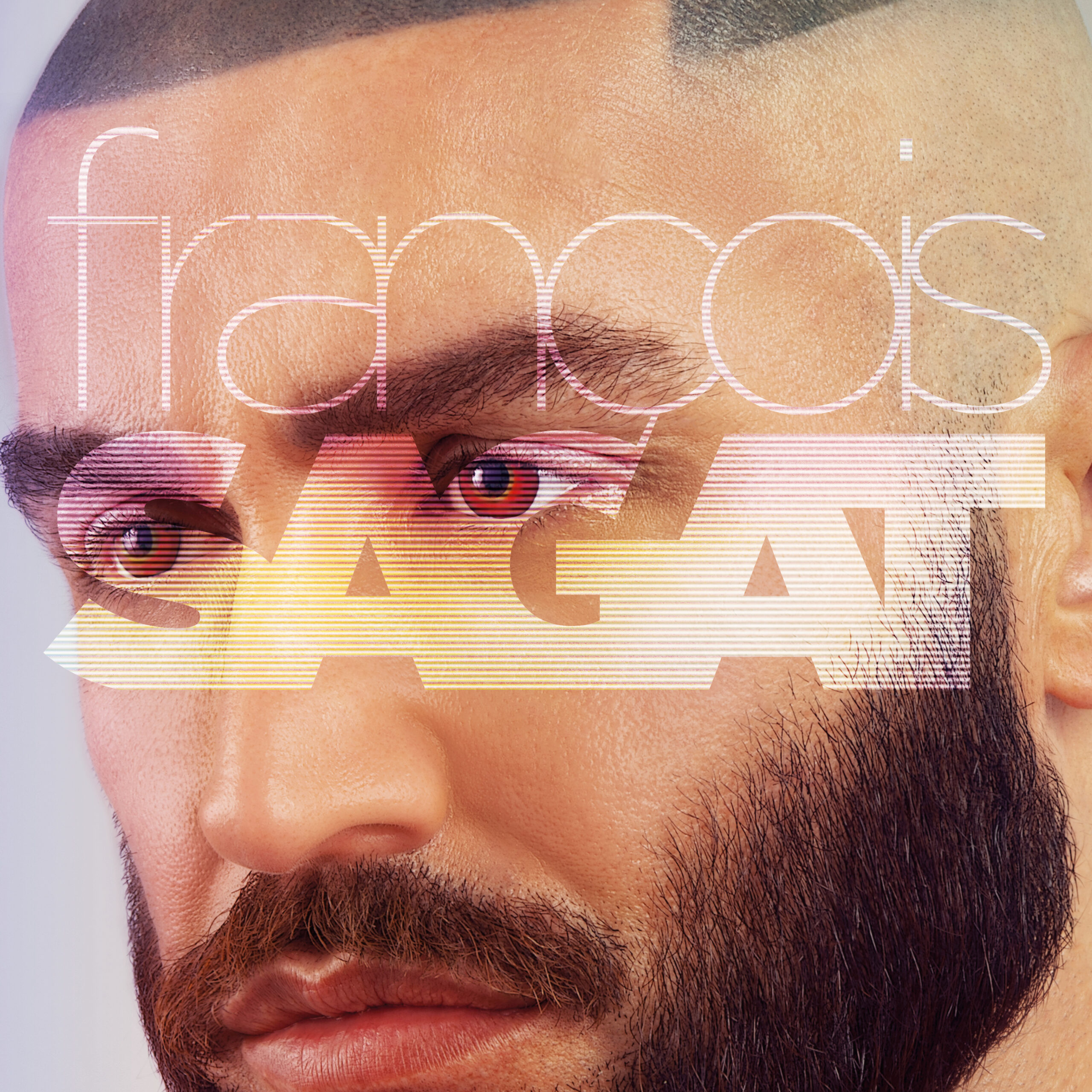 visuel de l'album VIDEOCLUB de François Sagat représentant son visage en gros plan, marqué par son nom logo qui s'affiche en surimpression avec un effet d'ecran cathodique